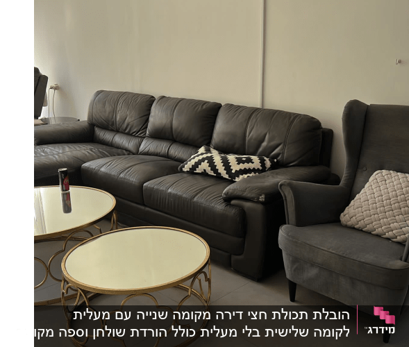 ספה וכורסה בחדר מואר עם שולחנות עגולים
